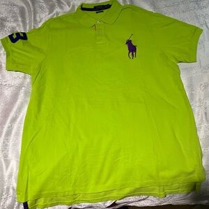 Ralph Lauren Men's Bright Green Polo Shirt with Purple Logo